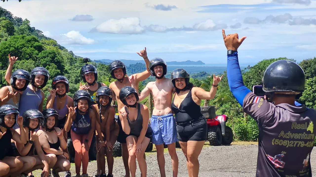 Real Adventure riders enjoying a mountain view toward the Pacific